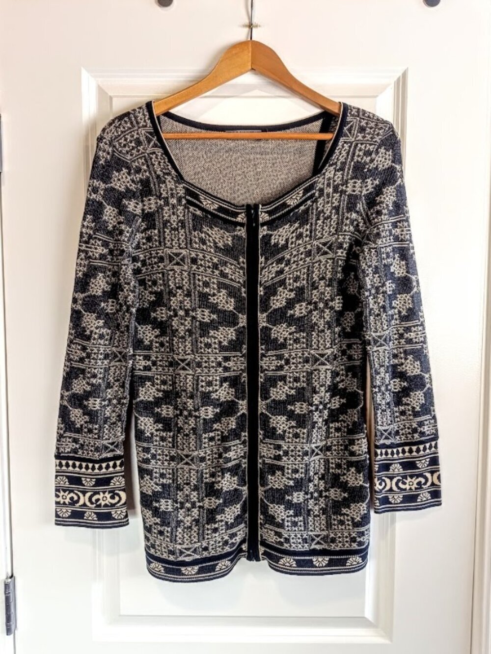 Peruvian Connection Black Tan Pima Cotton Zip Cardigan